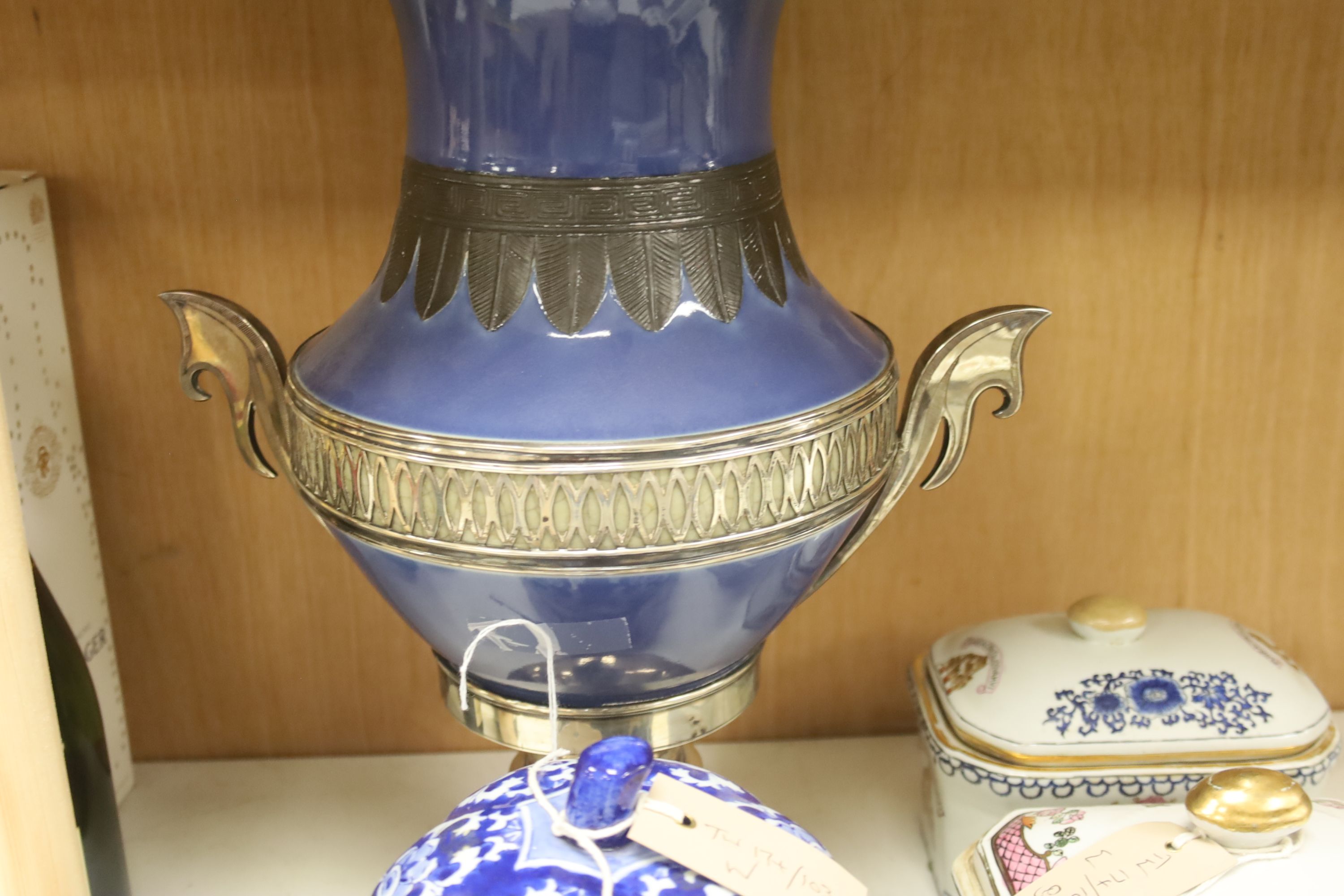 A large blue ground two-handled pedestal vase with metal mounts and sundry ceramics